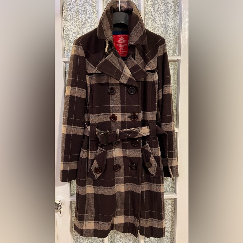 ESPRIT Brown Plaid Wool Double-Breasted Coat